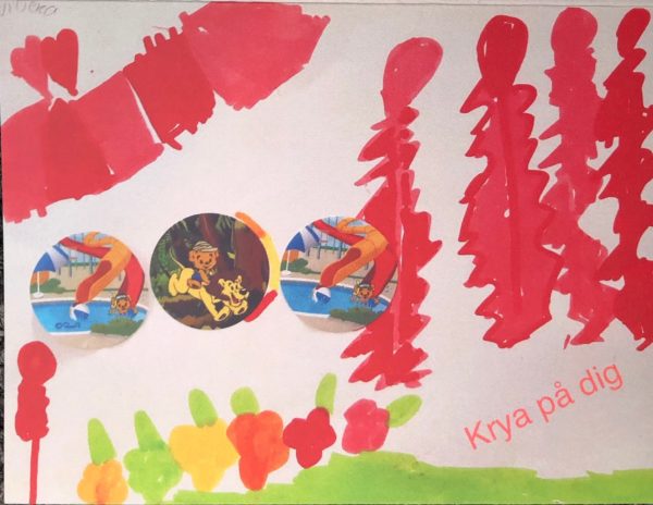 Ett kort skapat av våra unga konstnärer, med texten "Krya på dig". Röda, gröna, gula och orange färger med bamse.